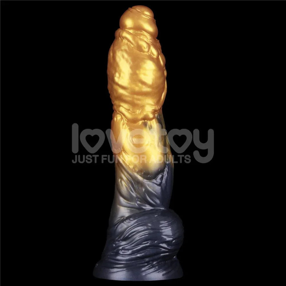 Aerosx inflatable fantasy dildo in Gold and Blue standing upright, deflated, textured shaft