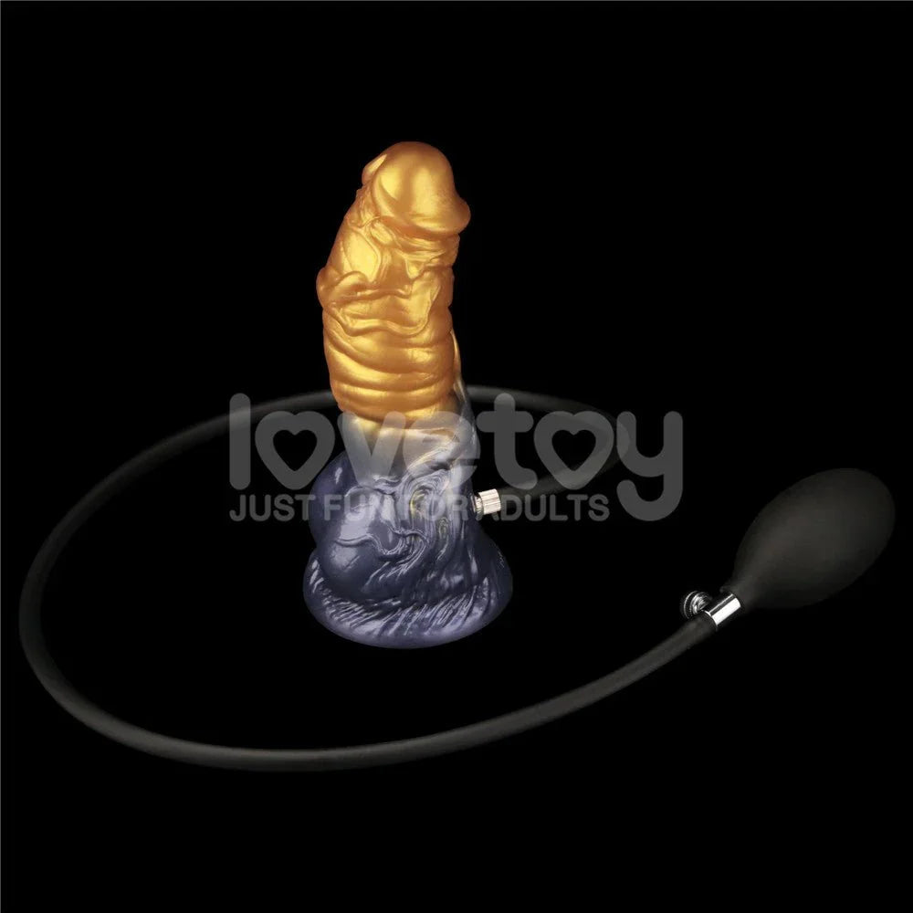 Aerosx 7.5 inch dildo with the black squeeze bulb and hose connected to the base valve