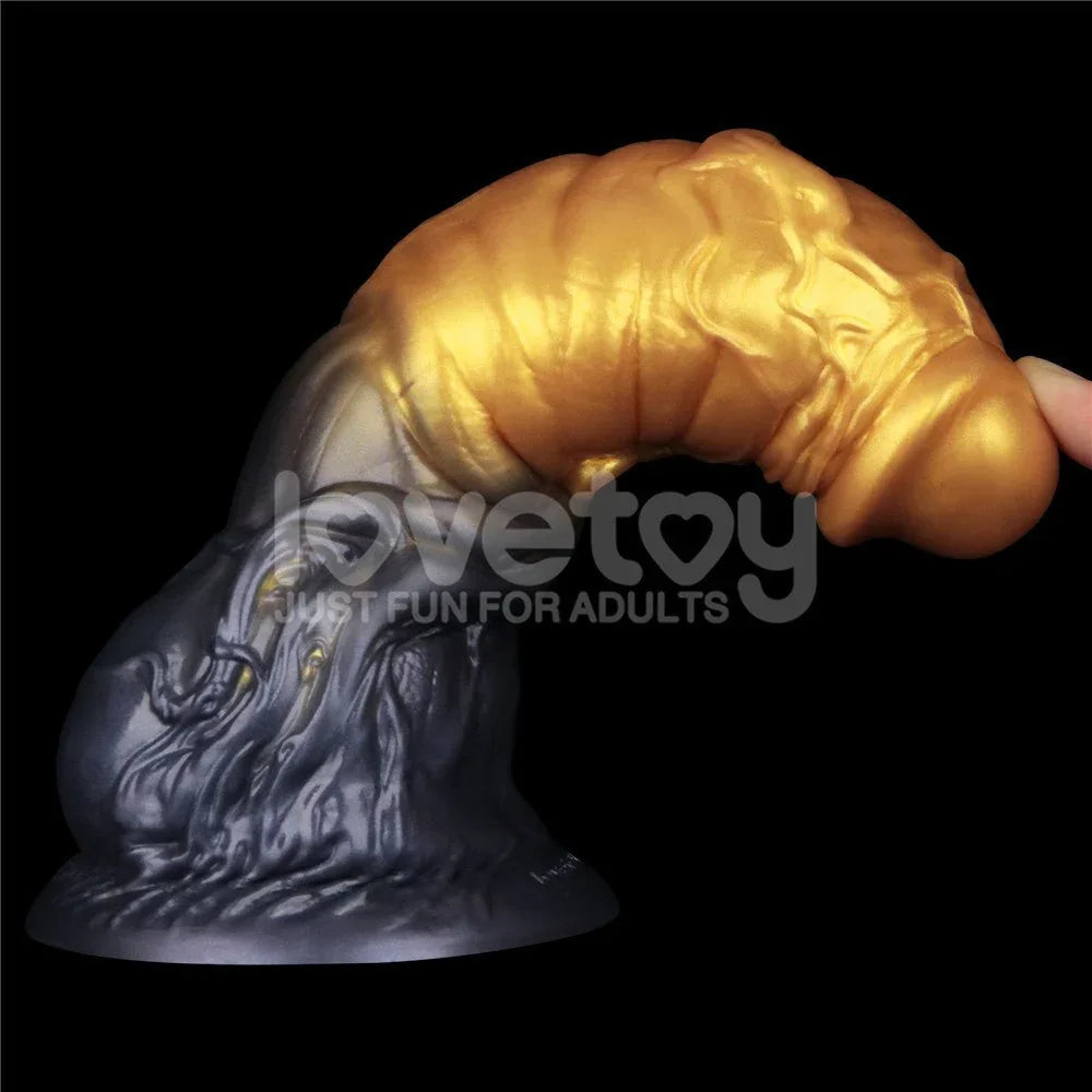 Aerosx 7.5 inch dildo arched over on its wide blue suction base, showing shaft flex