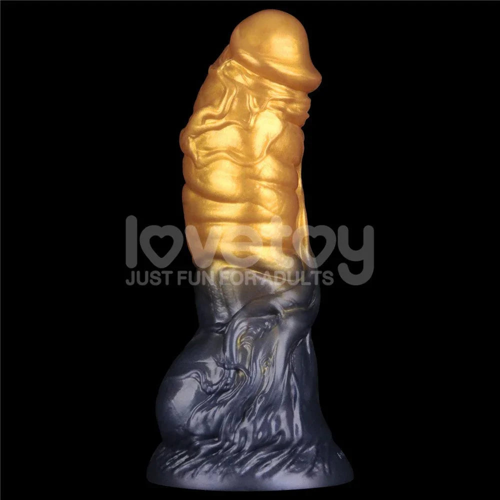 Aerosx 7.5 inch inflatable dildo in Gold and Blue standing deflated, ridged shaft on a marbled base
