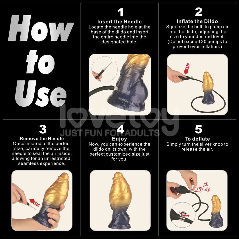 Five step how-to for the Aerosx dildo: insert needle, inflate, remove needle, enjoy, deflate