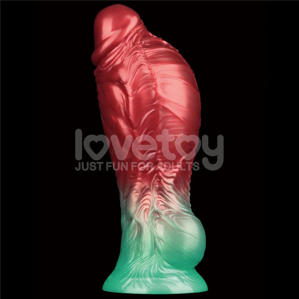 Aerosx 8 inch dildo in Red and Green inflated to full width, three-quarter view against black