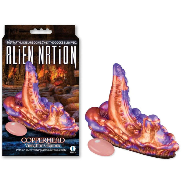 Alien Nation Copperhead grinder pad in copper and purple with its pink remote, beside the box