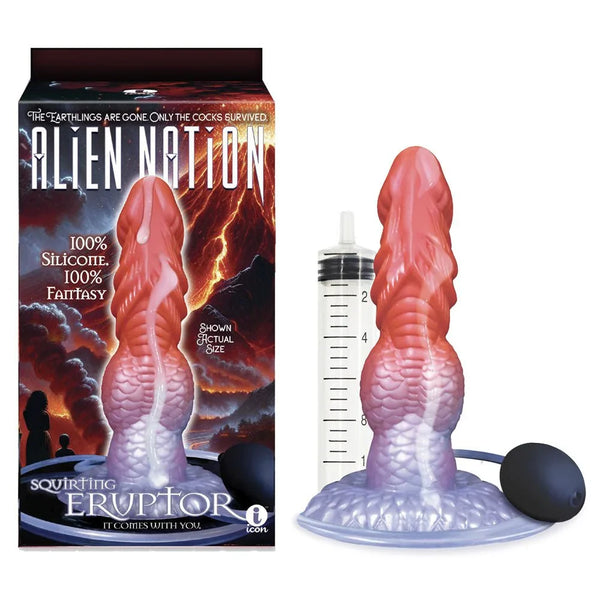 Alien Nation Eruptor squirting dildo in red and lilac beside its box, syringe and pump ball