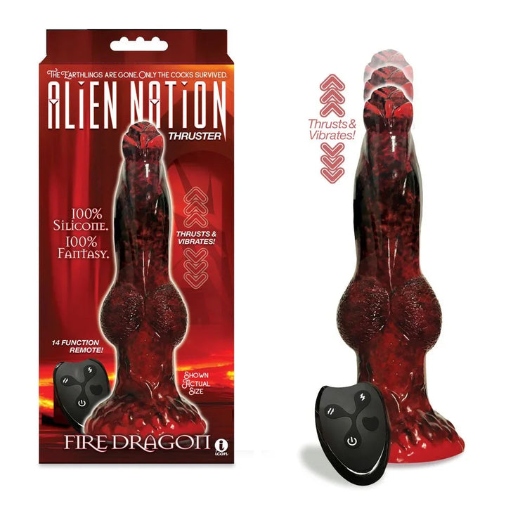 Alien Nation Fire Dragon dong in red and black with its remote, beside the retail box