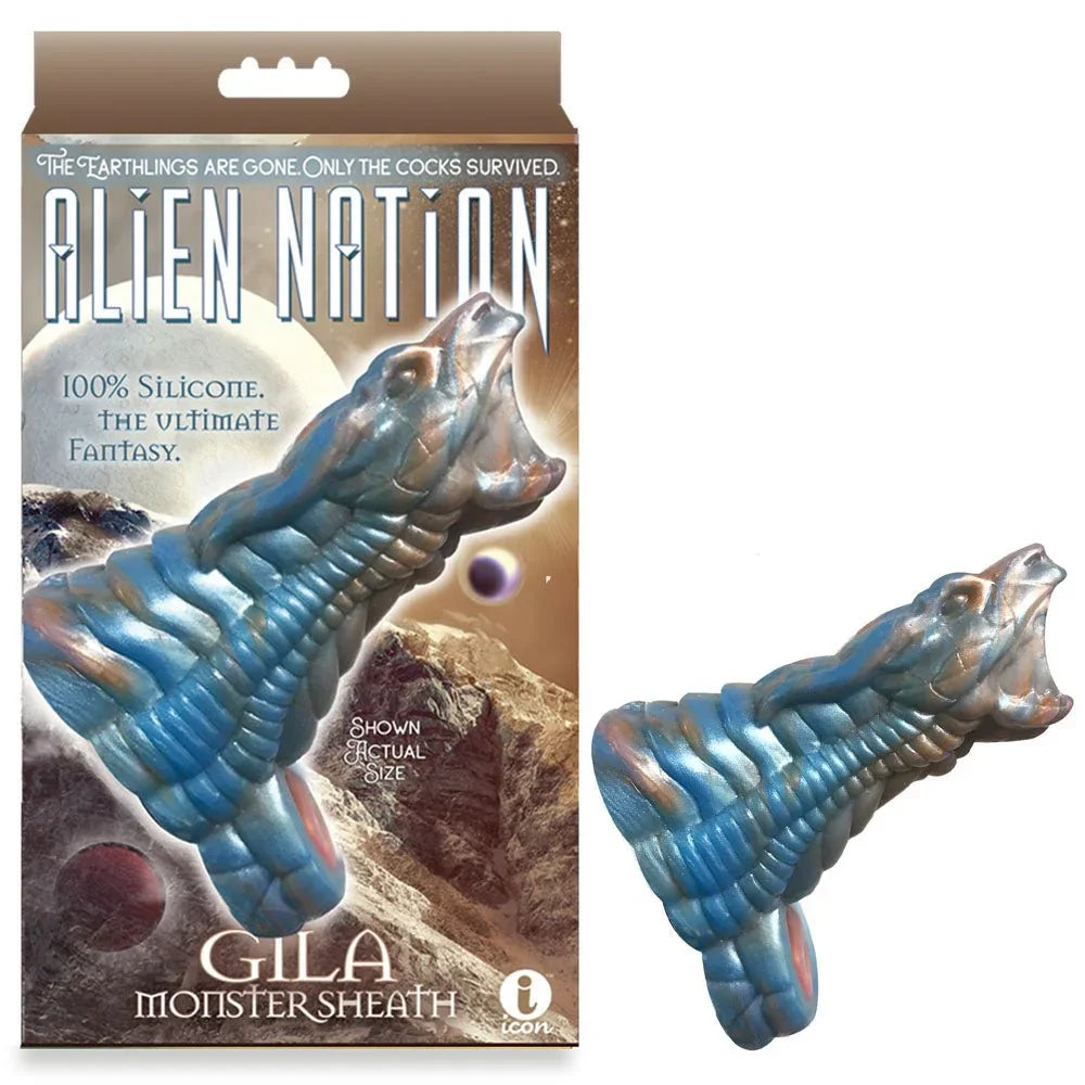 Alien Nation Gila monster sheath in blue and gold beside its retail box