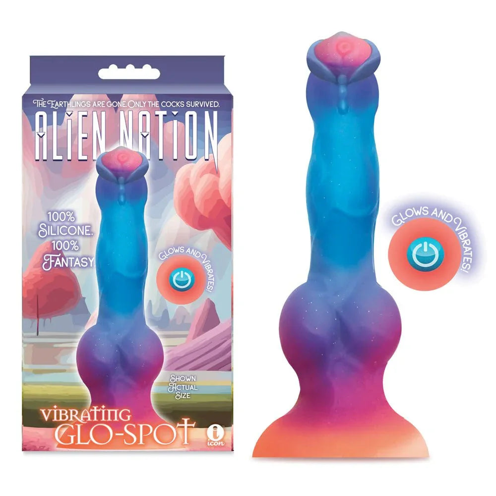 Alien Nation Glo-Spot dong in blue, purple and coral beside its retail box