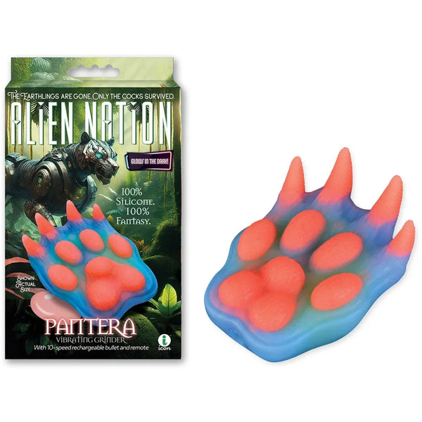 Alien Nation Pantera grinder pad shaped as a blue paw with coral pads, beside its retail box