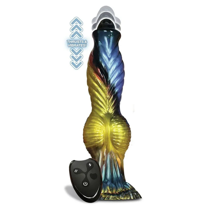 Alien Nation Phoenix dong and remote with arrows marked thrusts and vibrates
