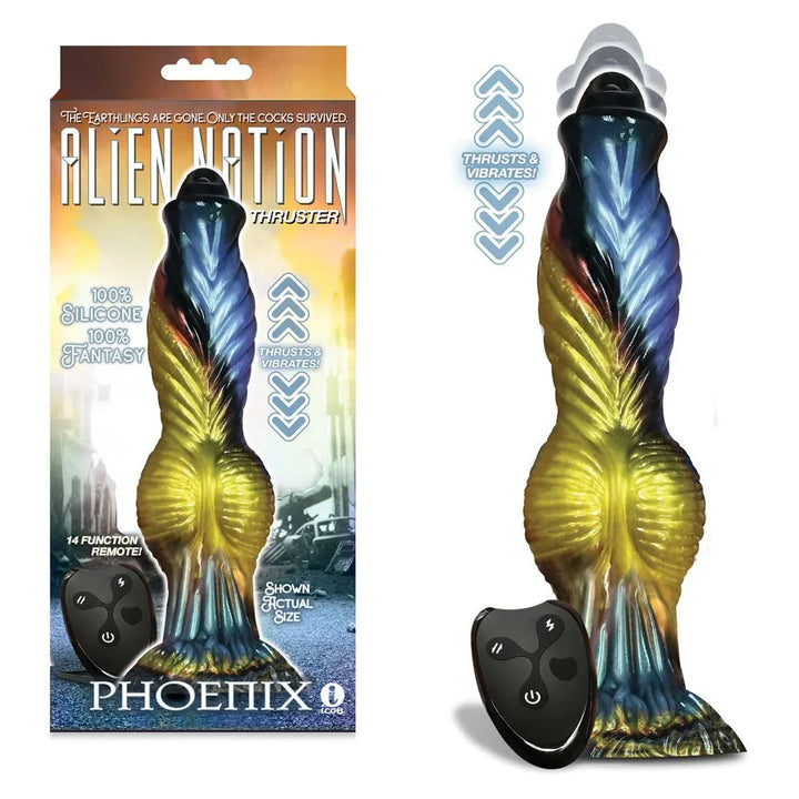 Alien Nation Phoenix dong in gold, blue and black with its remote, beside the retail box