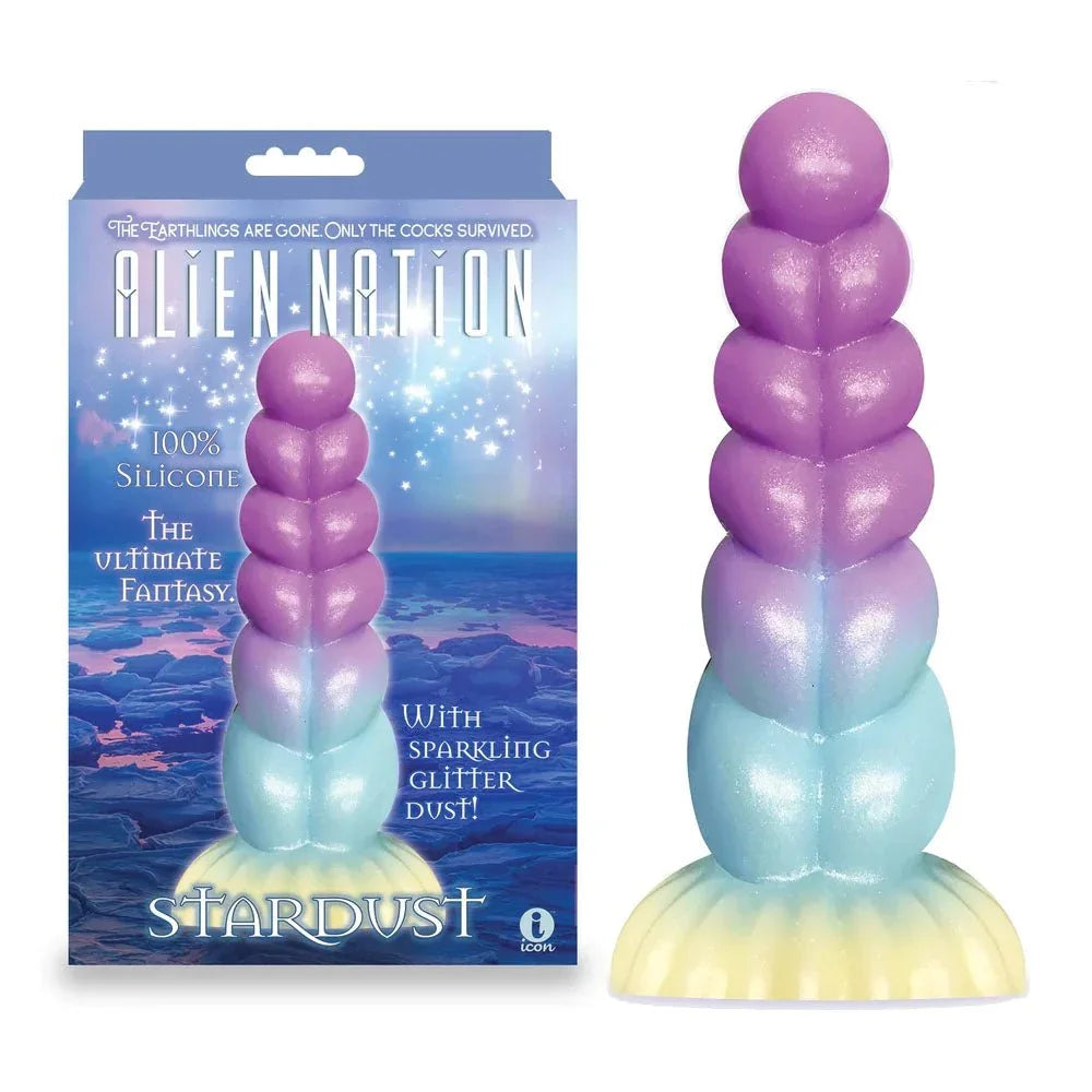 Alien Nation Stardust dong, stacked purple to blue glitter bulbs, beside its retail box