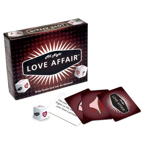 All Night Love Affair card game, red and black box with cards and dice in front