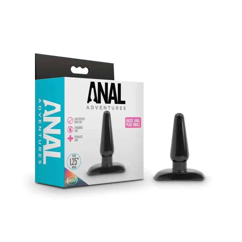 Anal Adventures Basic Anal Plug Small in glossy black beside its retail box