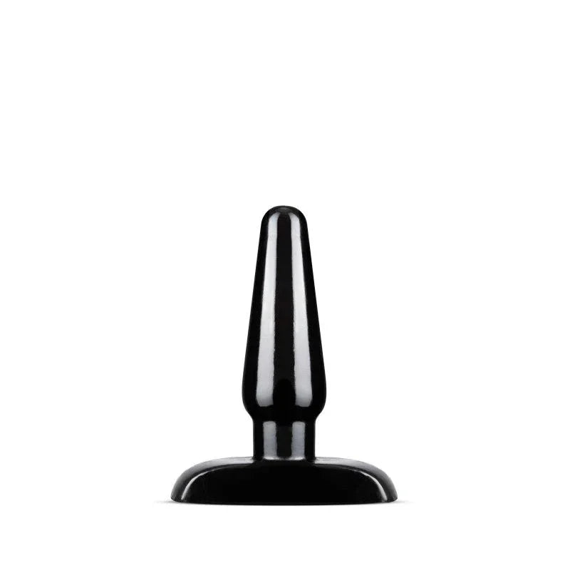 Small black Basic Anal Plug standing upright, tapered tip above a flat round base