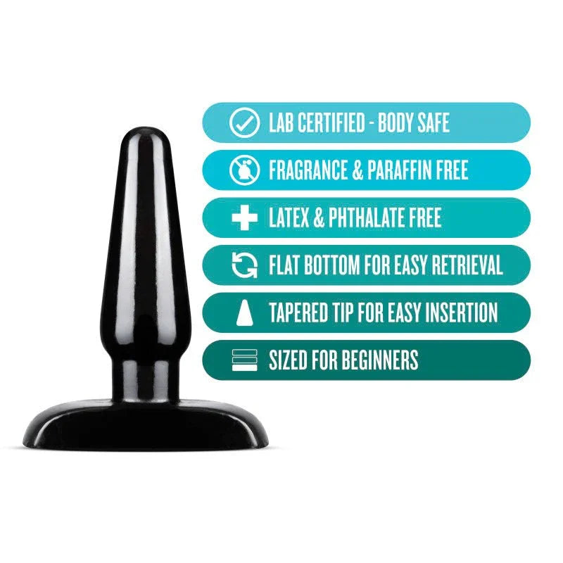 Basic Anal Plug feature panel: flat bottom for retrieval, tapered tip, sized for beginners
