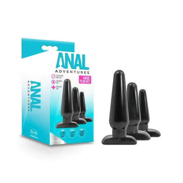 Anal Adventures Basic Plug Kit, three graduated black plugs beside the retail box