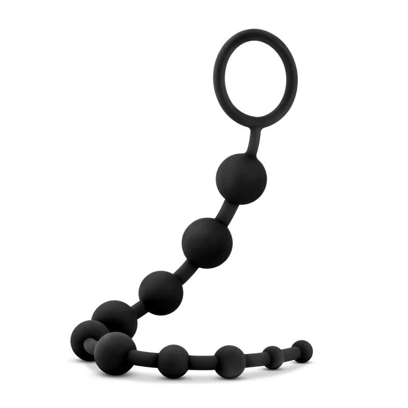 Black 10-bead anal strand standing in an S-curve, largest bead at the top