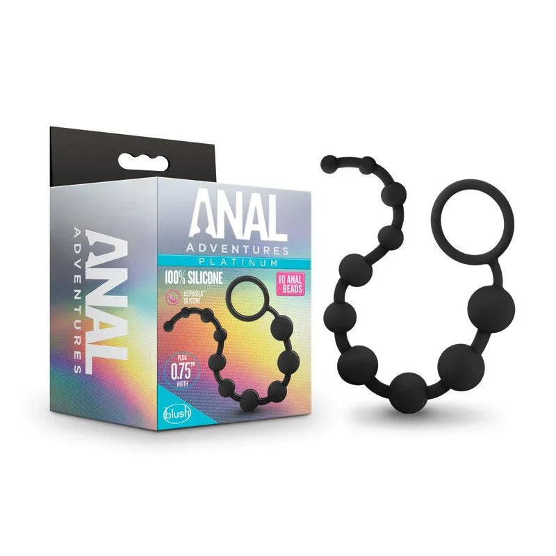 Anal Adventures Platinum 10 anal beads in black beside their rainbow retail box