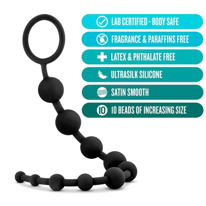 Anal beads feature panel: UltraSilk silicone, satin smooth, 10 beads of increasing size