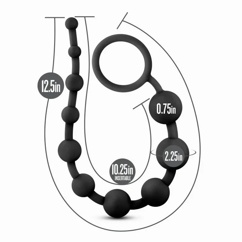 Anal beads dimension diagram: 12.5in long, 10.25in insertable, beads .75in to 2.25in