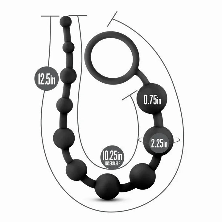 Anal beads dimension diagram: 12.5in long, 10.25in insertable, beads .75in to 2.25in