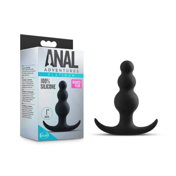 Anal Adventures Platinum Beaded Plug in black with anchor base, beside its retail box