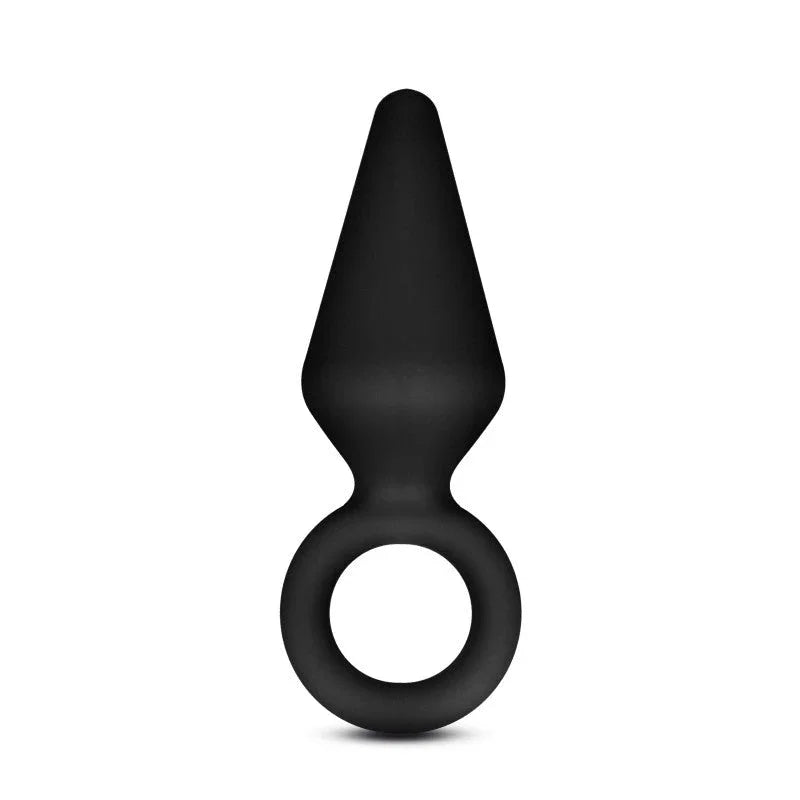 Small black Loop Plug standing upright, tapered tip above the round pull ring