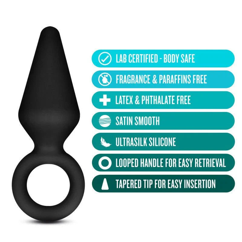 Loop Plug feature panel: lab certified, satin smooth UltraSilk silicone, looped handle
