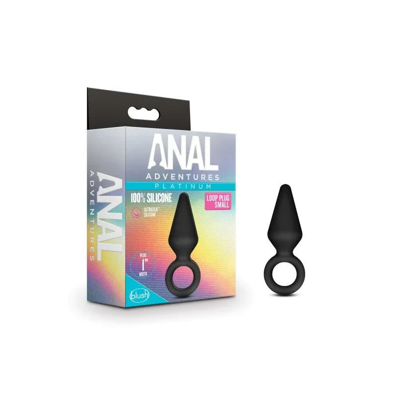 Anal Adventures Platinum Loop Plug Small in black beside its rainbow retail box