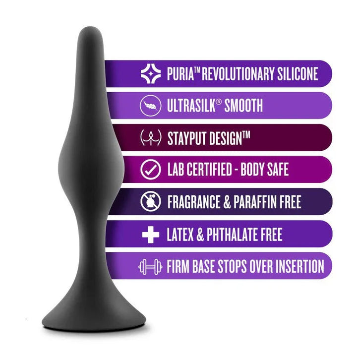 Beginner Plug Kit feature panel: Puria silicone, StayPut design, firm base stops over insertion