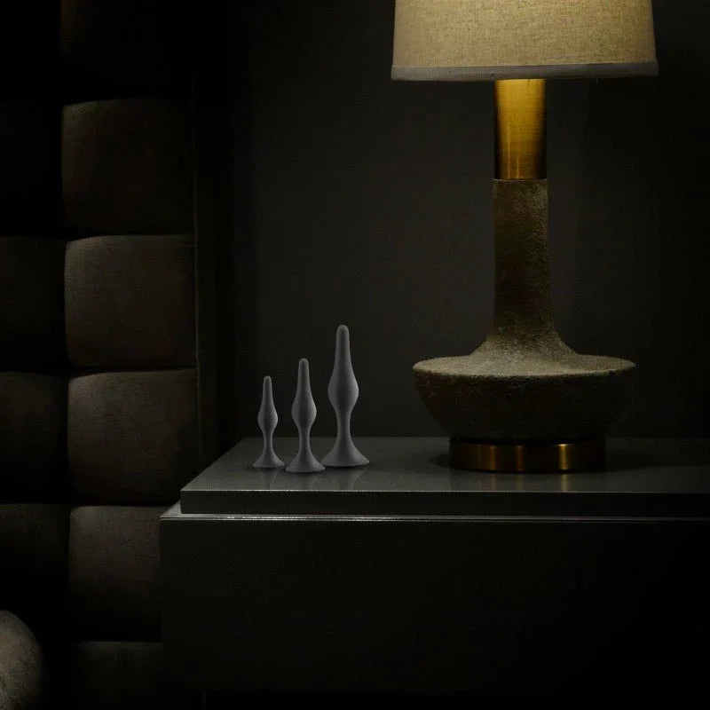 Beginner plug kit arranged on a dark shelf beside a lit lamp, lifestyle shot
