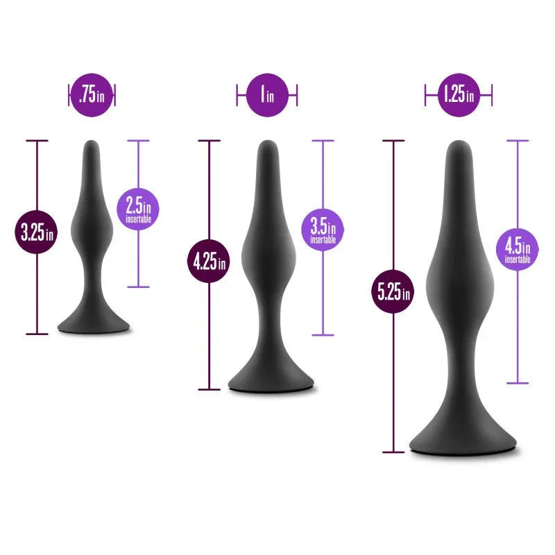 Beginner Plug Kit size chart: 3.25in, 4.25in and 5.25in plugs, .75in to 1.25in wide