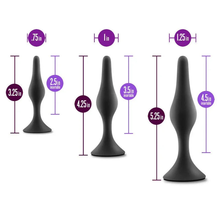 Beginner Plug Kit size chart: 3.25in, 4.25in and 5.25in plugs, .75in to 1.25in wide