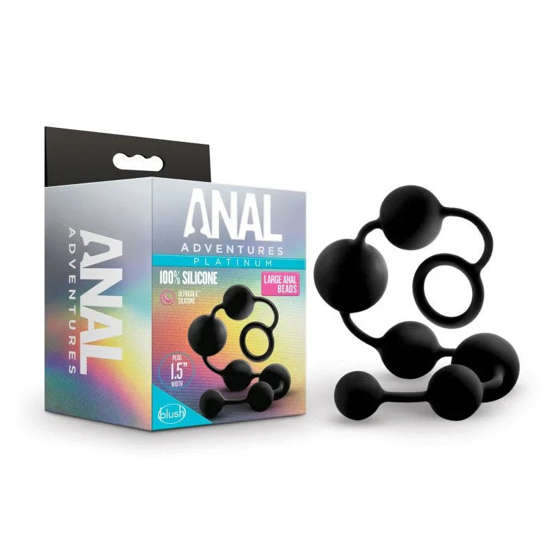 Anal Adventures Platinum Large anal beads in black beside their rainbow retail box