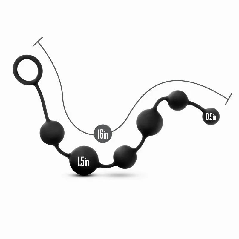Large anal beads dimension diagram: 16in long, beads from 0.9in up to 1.5in