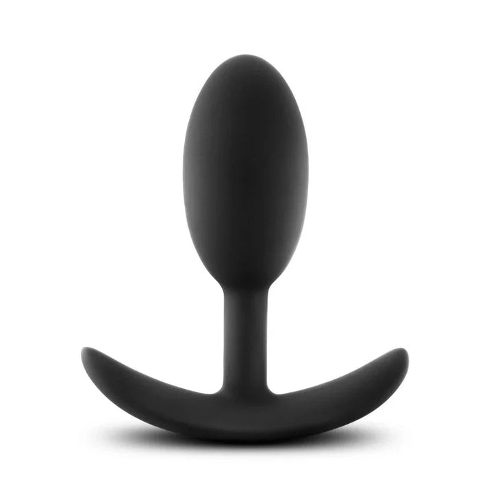 Medium black Vibra Slim Plug upright, larger oval body on a curved base