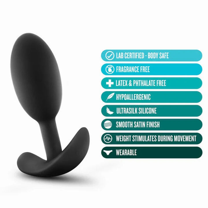 Vibra Slim Plug Medium feature panel: hypoallergenic, weighted, smooth satin finish