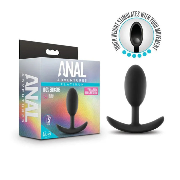 Anal Adventures Platinum Vibra Slim Plug Medium in black with its inner weight badge and box