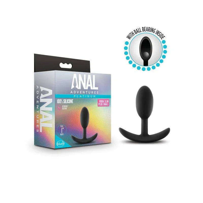 Anal Adventures Platinum Vibra Slim Plug Small in black with its ball bearing badge and box