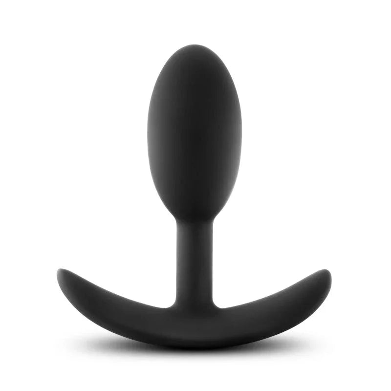 Small black Vibra Slim Plug upright, oval body above a curved T-bar base