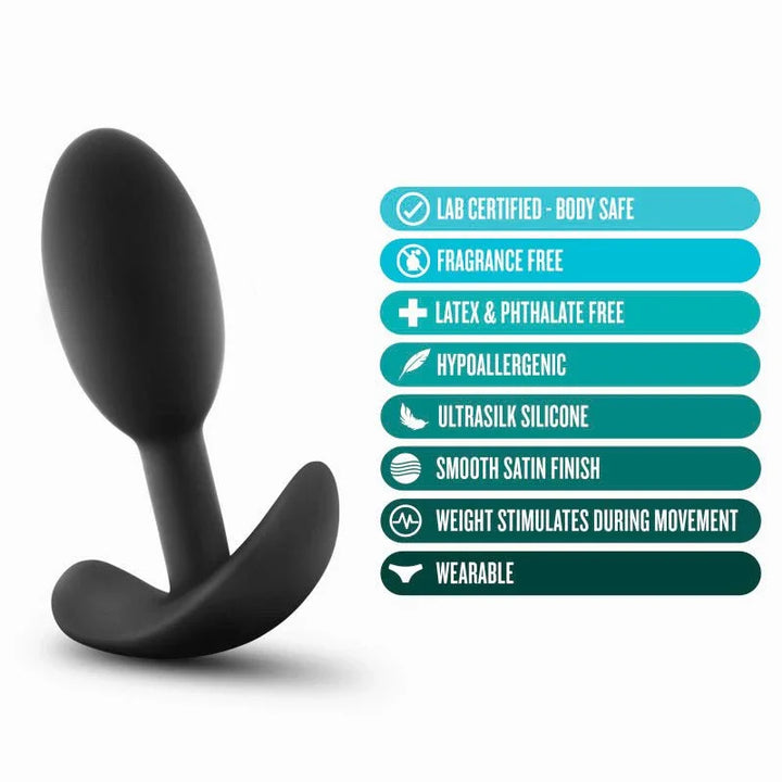 Vibra Slim Plug feature panel: hypoallergenic, weighted for movement, wearable design