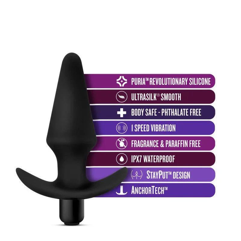 Feature panel for the Platinum vibrating plug: Puria silicone, IPX7 waterproof, AnchorTech