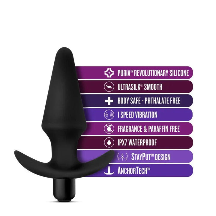 Feature panel for the Platinum vibrating plug: Puria silicone, IPX7 waterproof, AnchorTech
