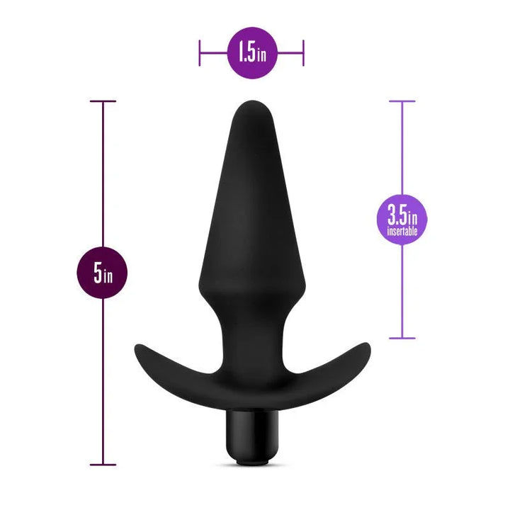 Dimension diagram for the Platinum vibrating plug: 5in long, 3.5in insertable, 1.5in wide