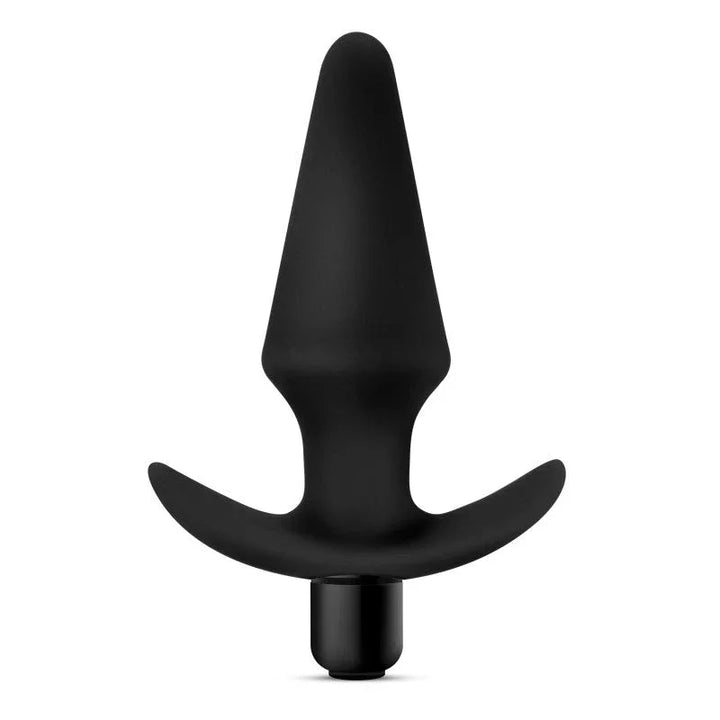 Black Platinum vibrating plug upright, tapered body above a curved anchor base