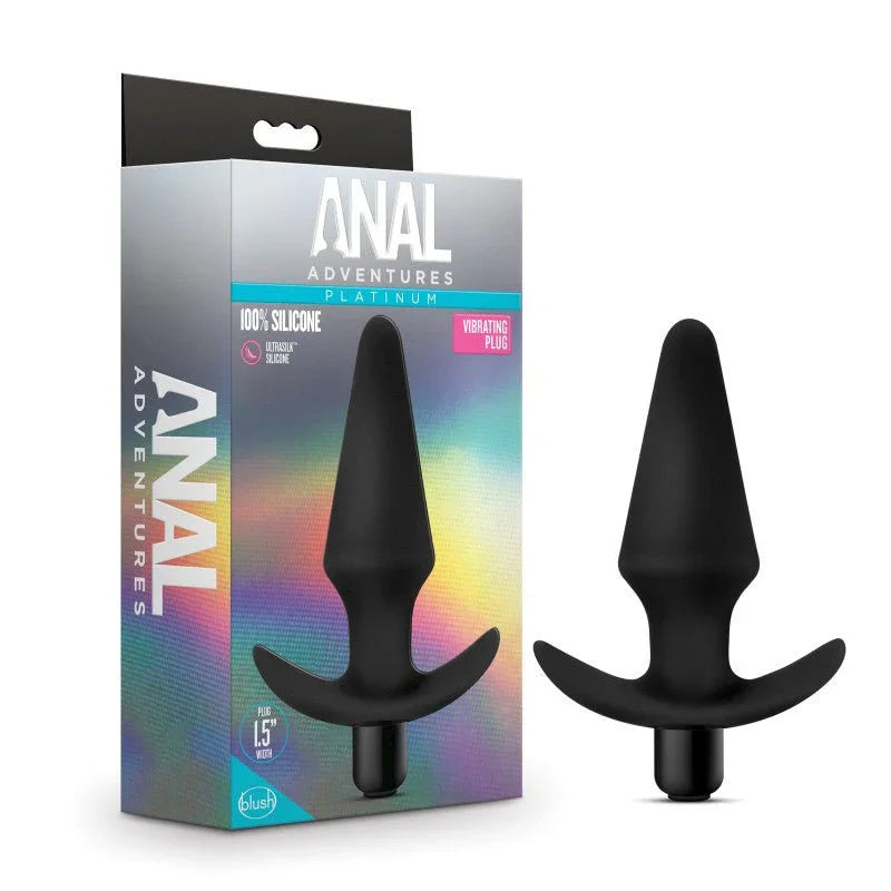 Anal Adventures Platinum vibrating plug in black with removable bullet, beside its box