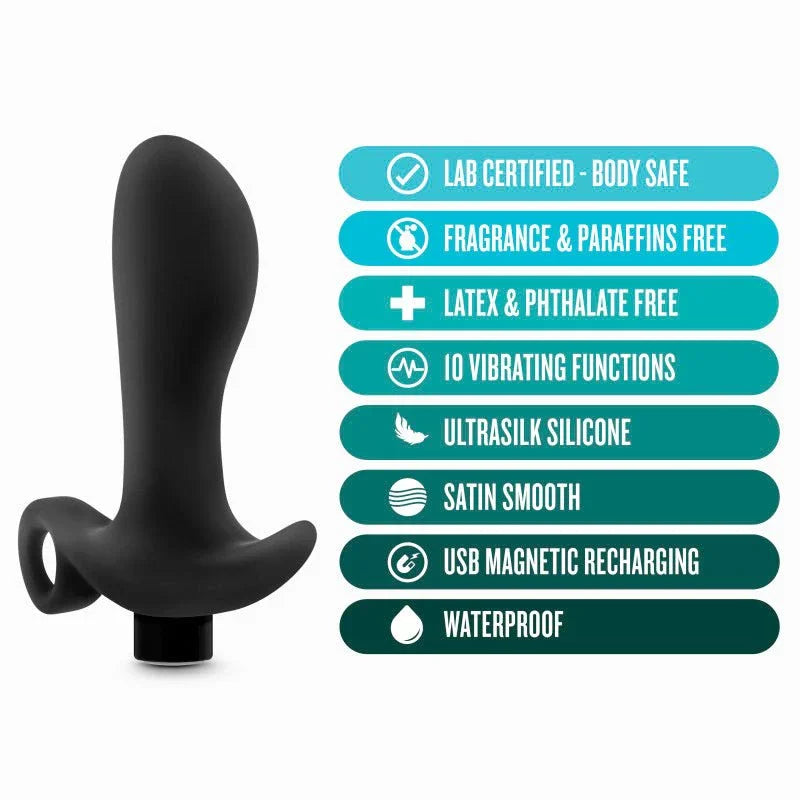 Prostate massager 01 feature panel: 10 vibrating functions, USB magnetic recharging, waterproof