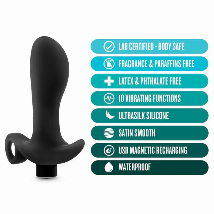 Prostate massager 01 feature panel: 10 vibrating functions, USB magnetic recharging, waterproof
