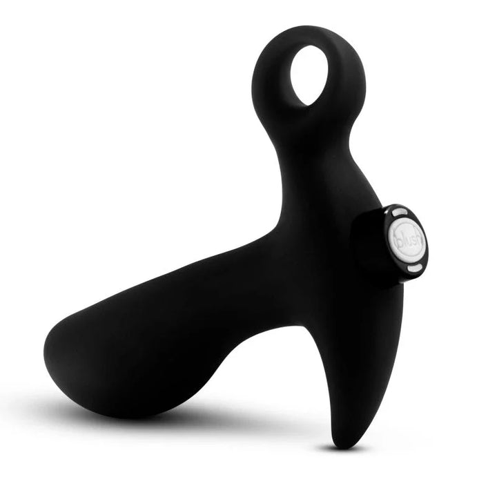 Black prostate massager 01 angled to show the bullet control button on the base