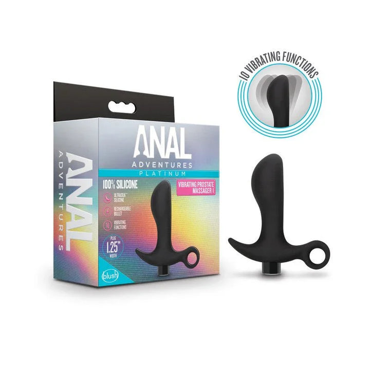 Anal Adventures Platinum prostate massager 01 in black with its box and 10-function badge